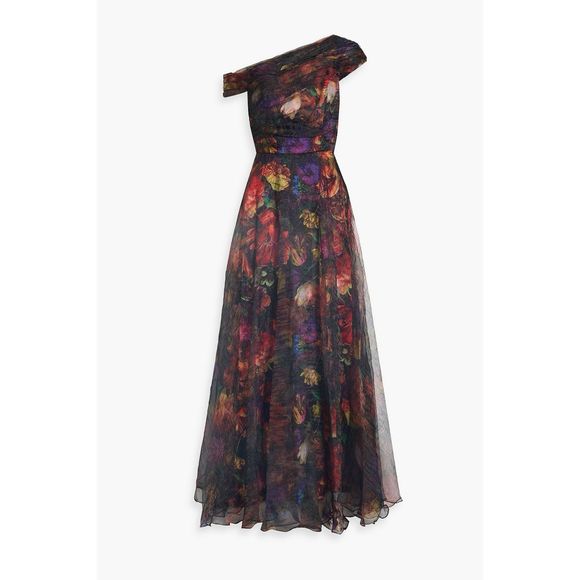 THEIA Jada one-shoulder floral-print crinkled organza gown US 8 $795 - Picture 1 of 10